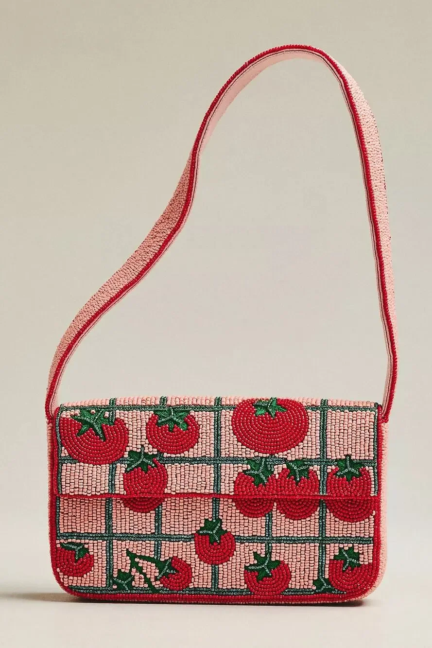 nwt ANTHROPOLOGIE The Fiona Beaded Bag: Food Icon Edition Tomato Motif